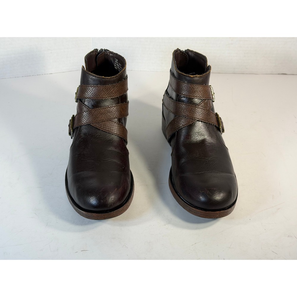 Dark Brown Strappy Buckle Ankle Boots Back Zip Low Heel Size 7.5 Z45706 CHE18